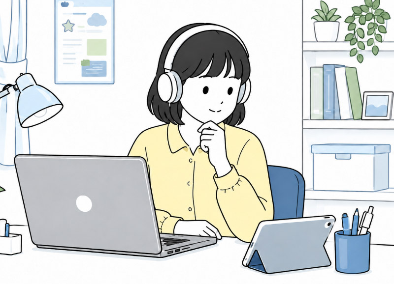ノートPCとタブレットで動画教材を見ながらゲーム制作を学ぶ生徒