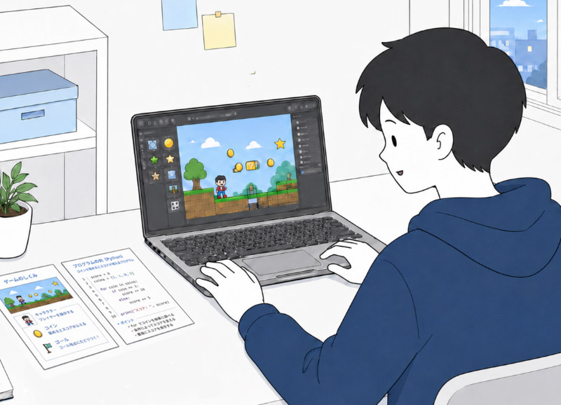 補助テキストとノートPCを見比べながらゲーム制作を学ぶ生徒