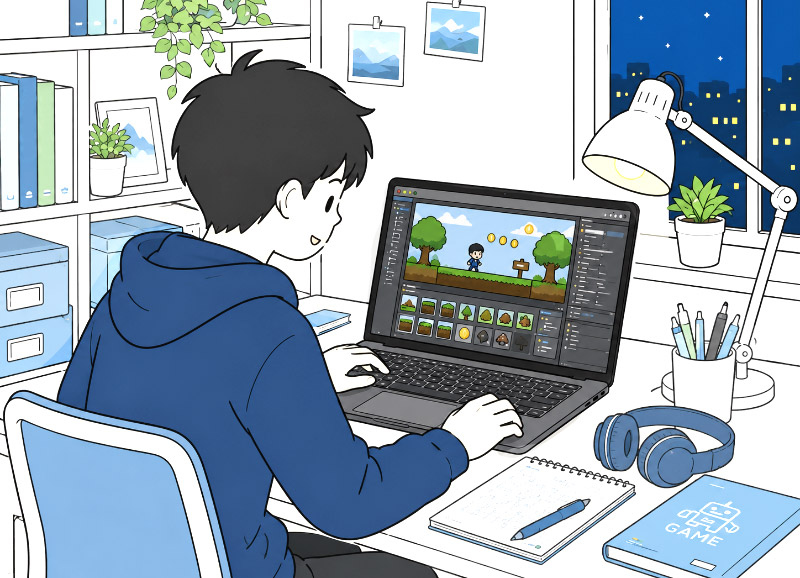 自宅で自分のペースでゲーム制作を進める生徒