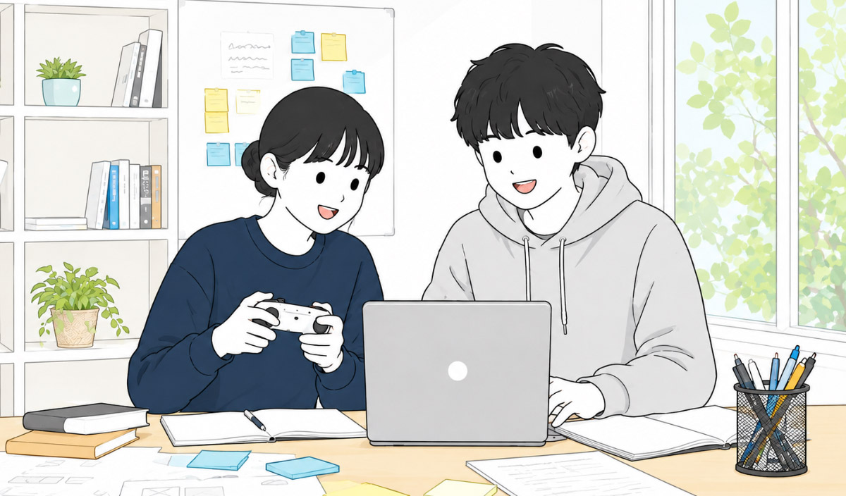 ノートPCを囲みながらゲーム制作について話し合う中高生
