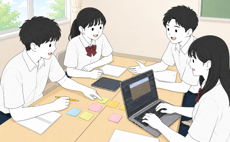 教室でノートPCを使い、ゲーム制作のアイデアを話し合う生徒たち