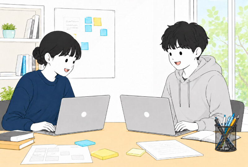 ゲームを共有しながら作業を進めている様子
