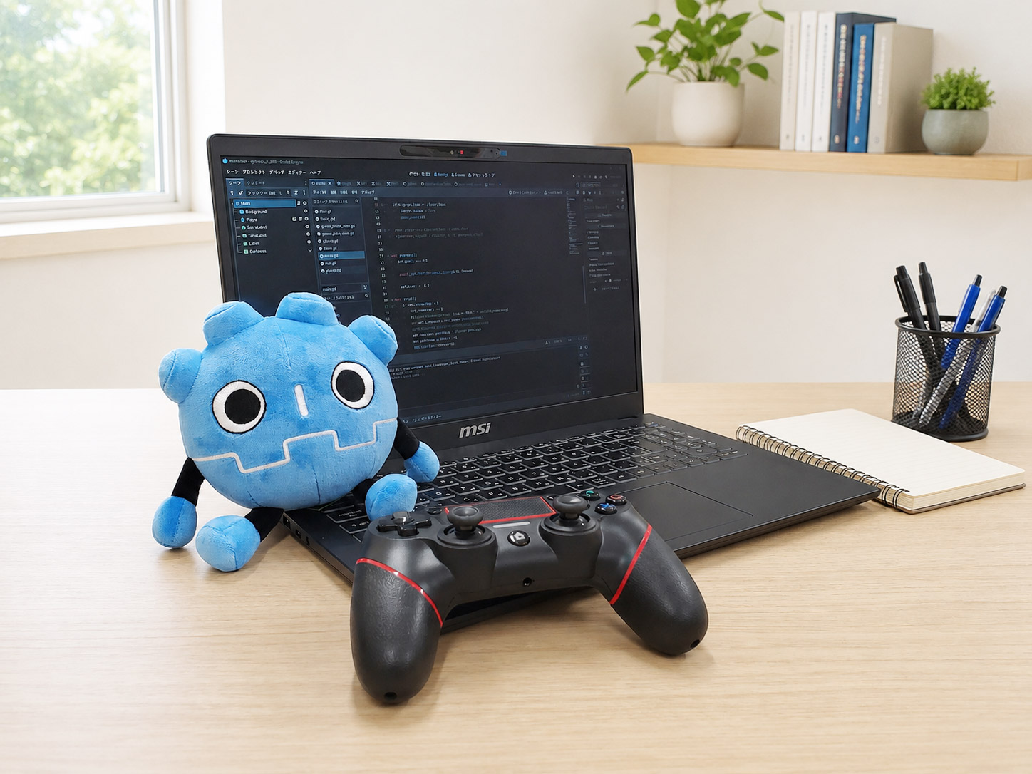 Godotの画面が表示されたノートPCとGodotのぬいぐるみのイメージ画像